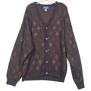 Towncraft Mens XL Argyle Cardigan Sweater Brown Burgundy Black Knit Button Front